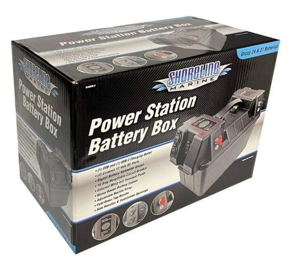 Shoreline Marine Deluxe Power Station Boat Battery Box with USB & USB-C Fits 27m